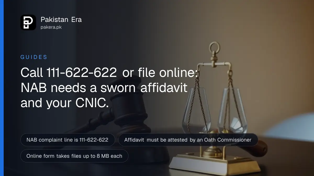 A wooden gavel and a brass scale on a dark desk in Islamabad, for a guide to filing a NAB complaint