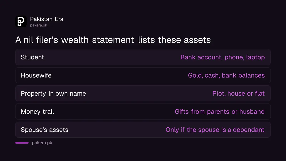 What a student and a housewife list in an FBR wealth statement with a nil return
