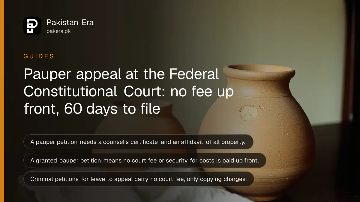 Two empty clay pots beside a folded cotton cloth on a dark wooden table, for a guide on pauper appeals in the Federal Constitutional Court