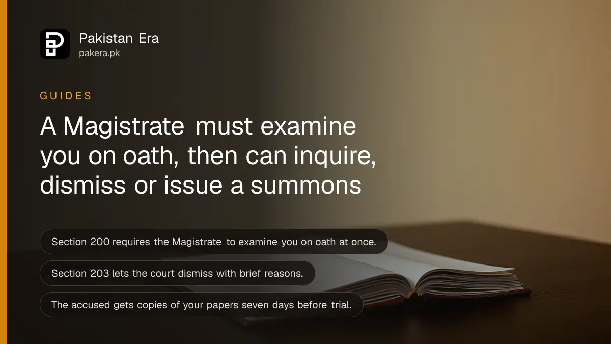 A closed notebook with a plain cover on a dark wooden table, for a guide on filing a criminal complaint in court in Pakistan