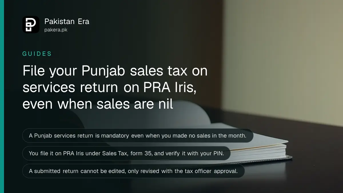 A closed notebook with a plain cover on a dark wooden table, for a guide on filing the Punjab sales tax on services return on PRA Iris