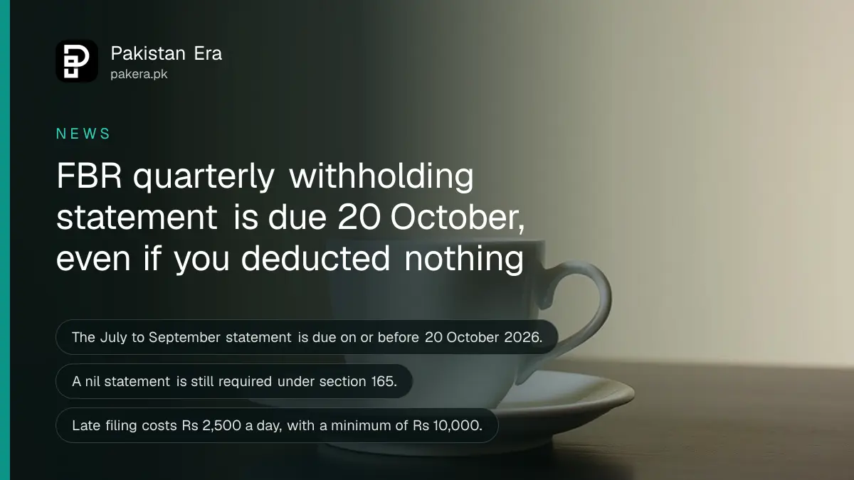 A plain white teacup on a dark wooden table, for an article on fbr withholding statement