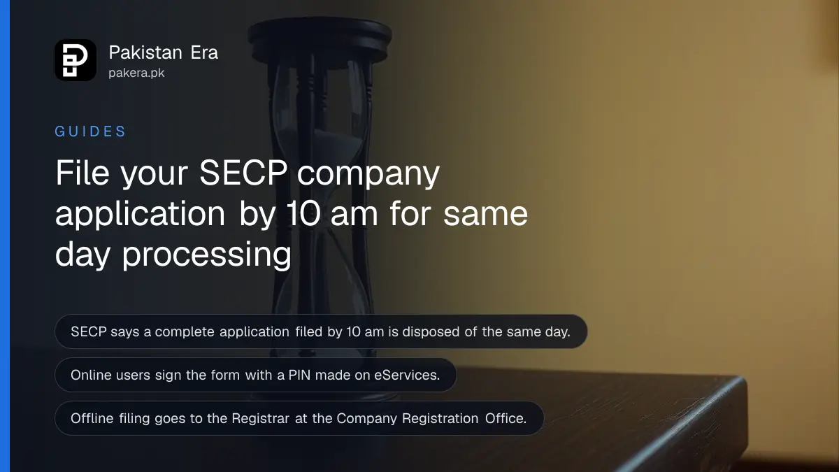 A wooden hourglass on a dark wooden table, for a guide on filing a company application with SECP