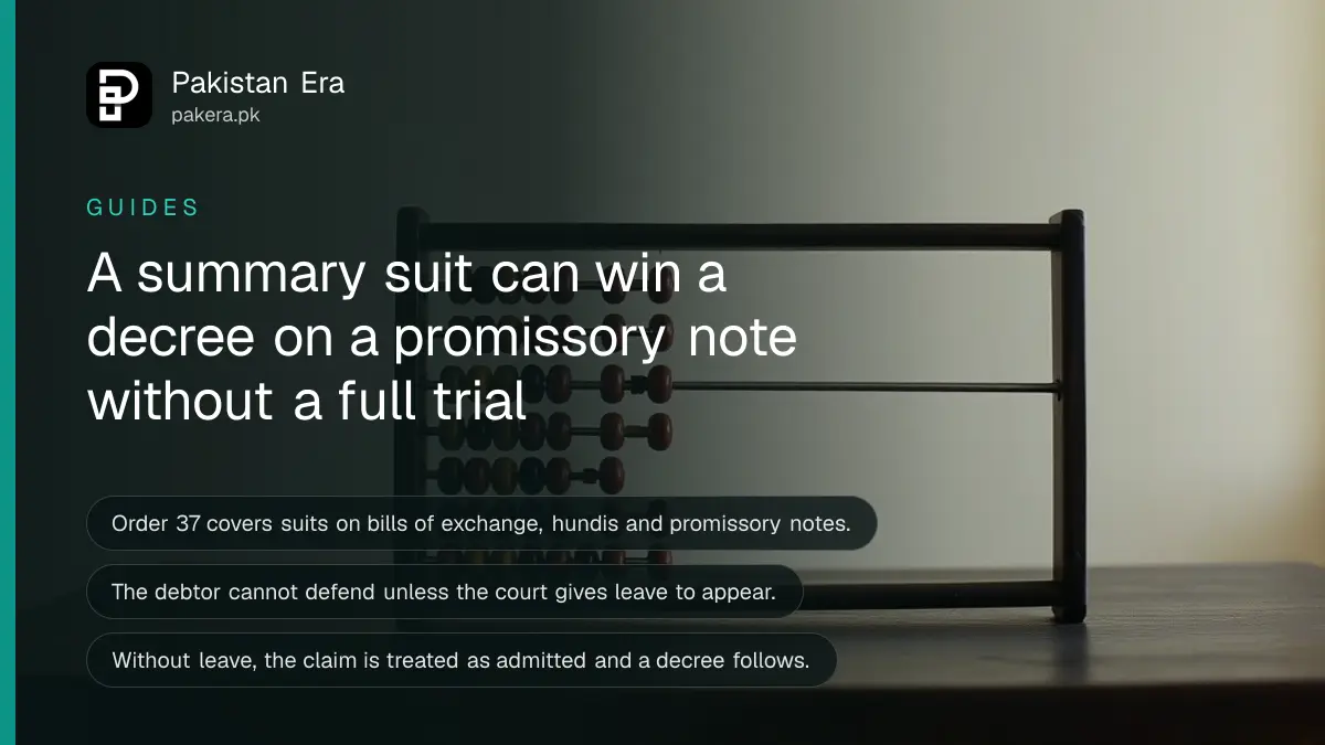 An abacus on a dark wooden table, for a guide to a summary suit on a promissory note in Pakistan