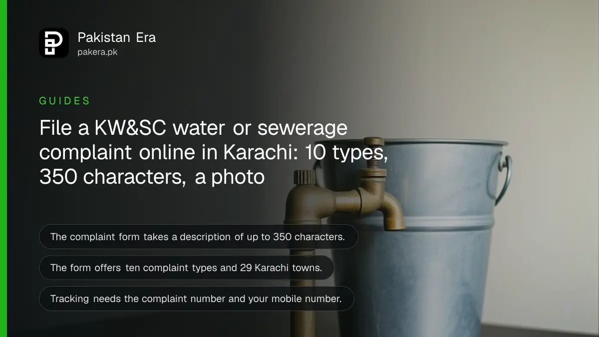 A brass water tap and a steel bucket on a dark wooden table, for a guide to filing a water complaint with KW&SC in Karachi