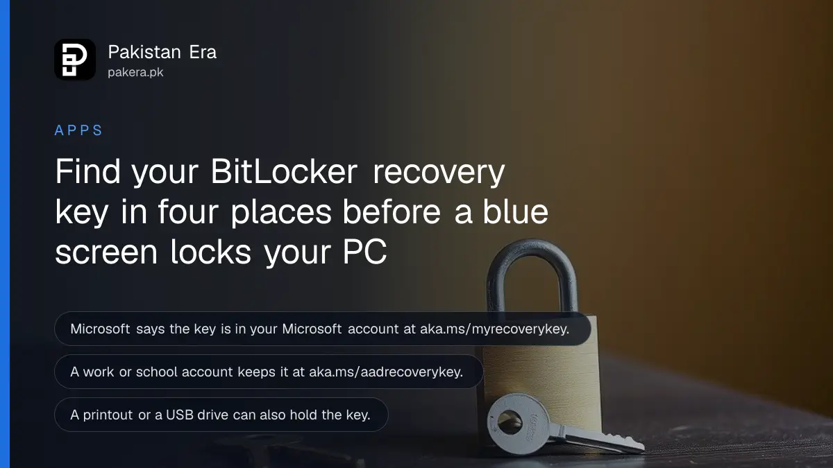 A brass padlock and a metal key on a dark wooden table, for a guide to finding a BitLocker recovery key in Pakistan