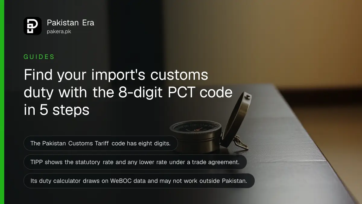 A compass on a dark wooden table, for a guide to finding customs duty on imports in Pakistan