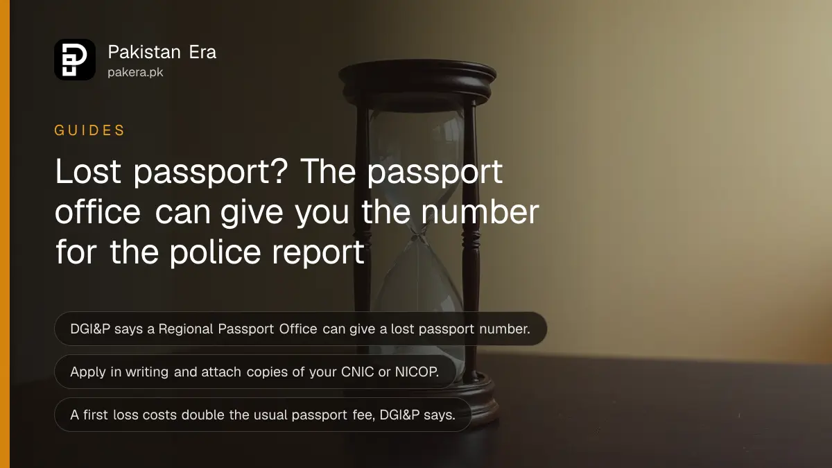 An hourglass on a dark wooden table, for a guide to finding a lost Pakistani passport number