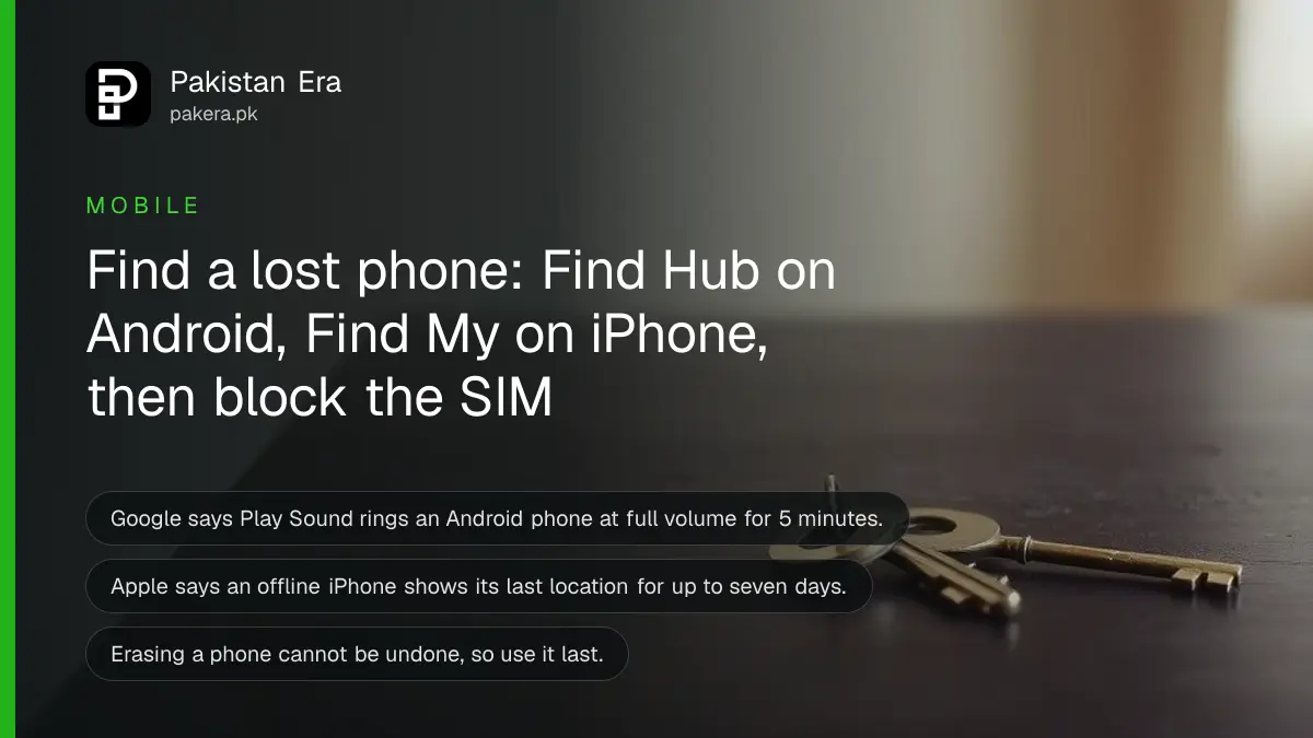A brass key on a dark wooden table, for an article on how to find a lost phone in Pakistan