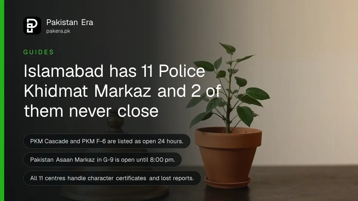 A brass desk bell and a small plant on a dark wooden table, for a guide to Police Khidmat Markaz centres in Islamabad