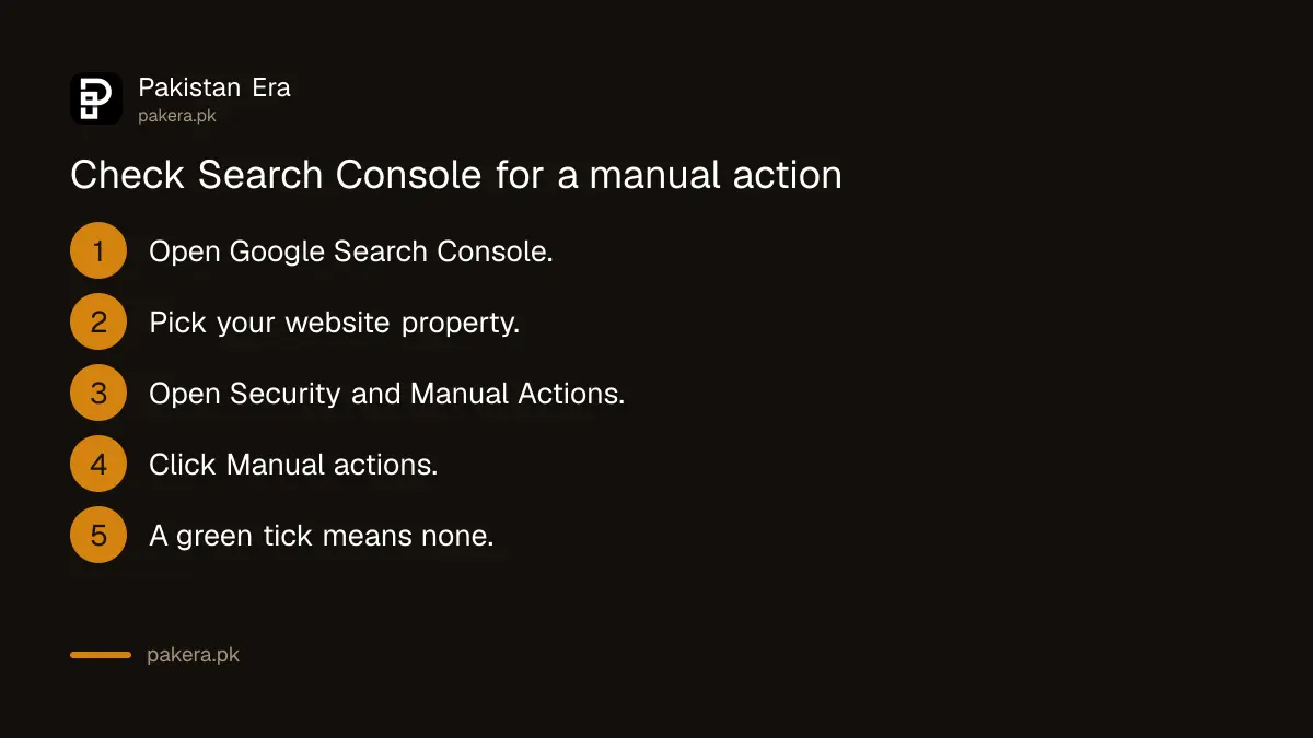 Where to find the Manual actions report in Google Search Console and what a green tick means