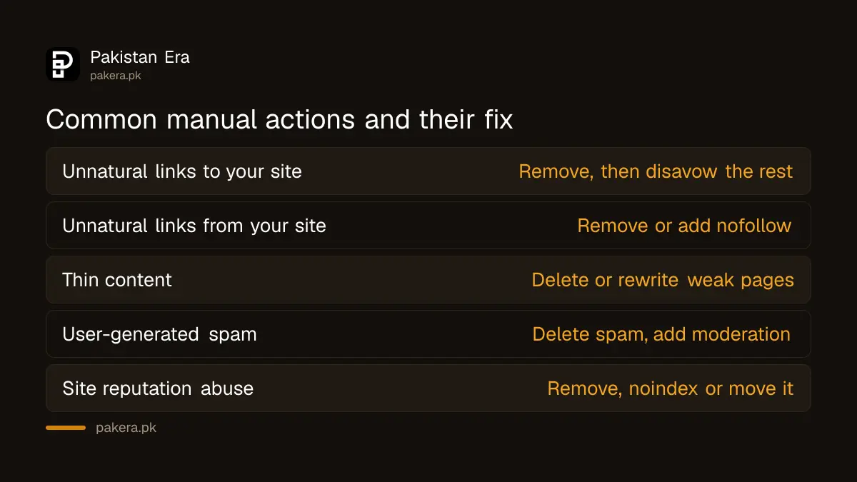 Four common Google manual action types for Pakistani websites and the main fix for each