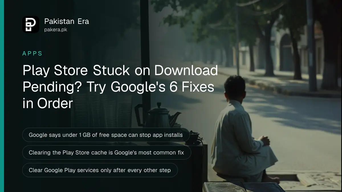 A quiet Rawalpindi tea stall at dawn with a kettle on a stove and stacked glasses, for a guide to fixing Google Play Store download pending
