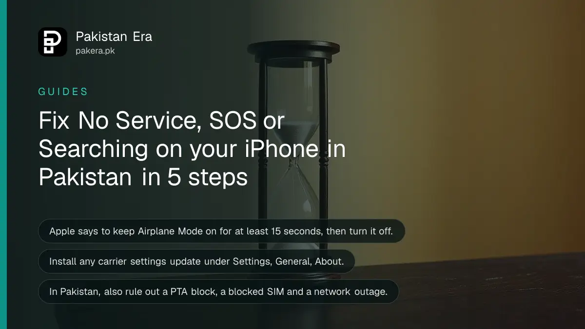 An hourglass on a dark wooden table, for a guide on fixing No Service on an iPhone in Pakistan