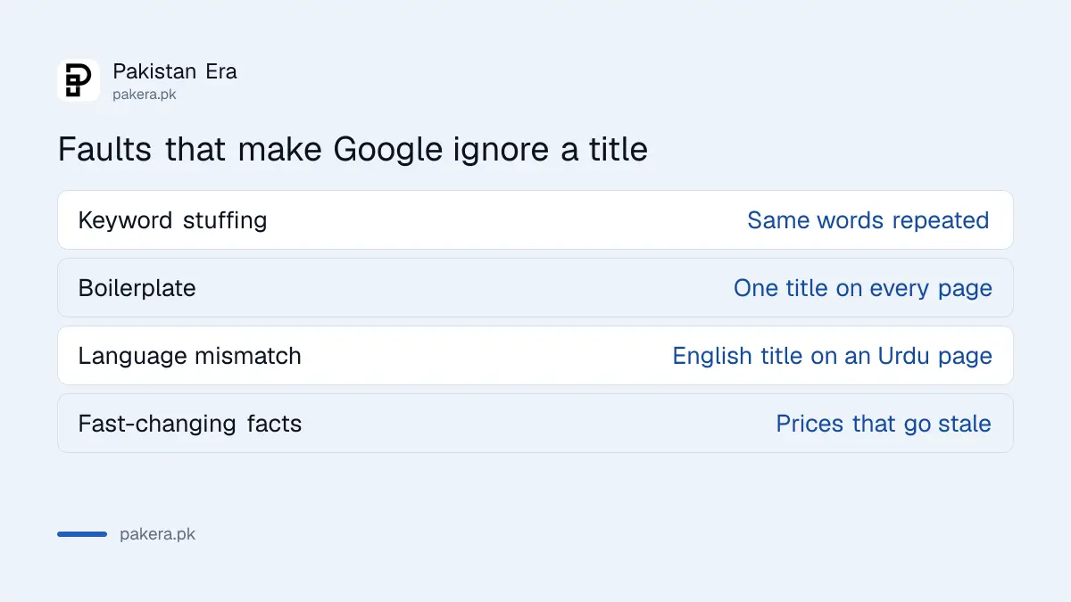 Faults that make Google ignore a page title on a Pakistani website