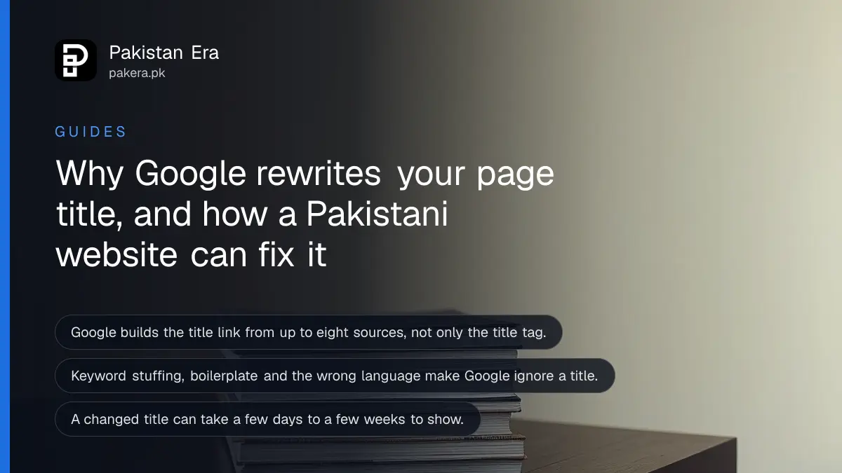 A stack of plain books on a dark wooden table, for an article on fixing a page title in Google search results