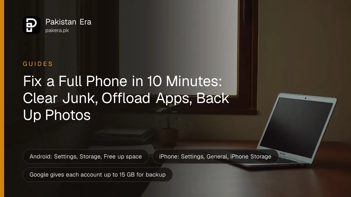 A tidy desk with a closed laptop and folders by a window, a calm scene for a guide on clearing phone storage
