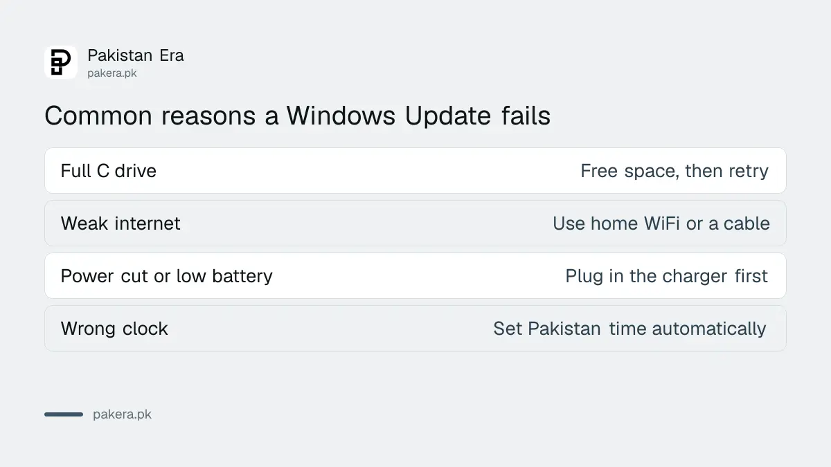 Common reasons a Windows Update fails and the fix for each