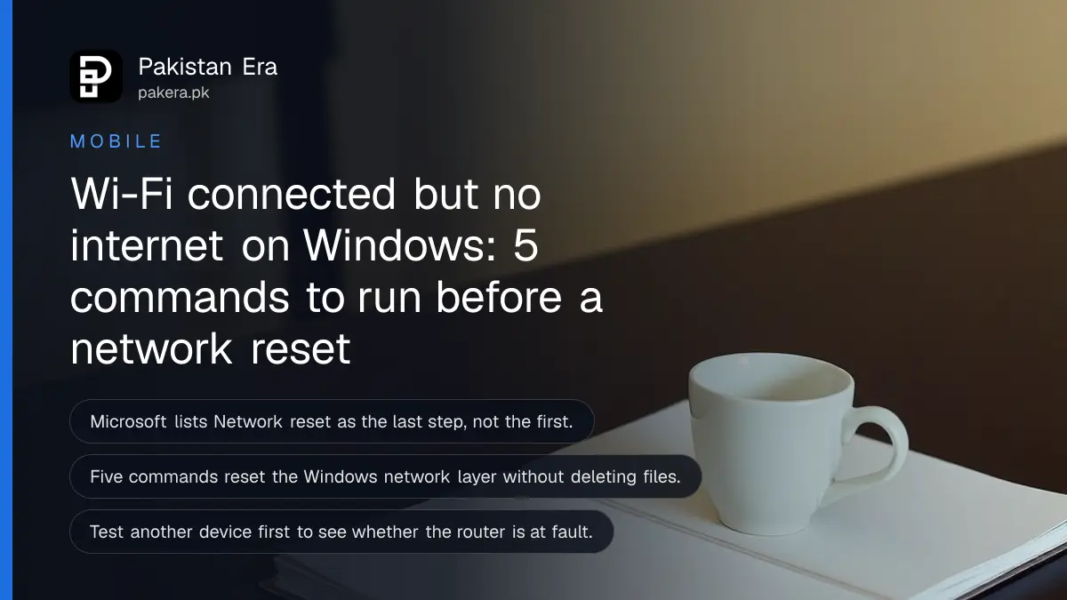 A white cup beside a closed notebook on a dark wooden table, for a guide to fixing Windows Wi-Fi