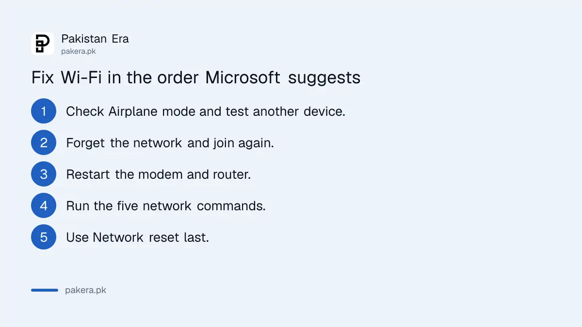 Order of fixes for Windows Wi-Fi connected but no internet, from basic checks to network reset