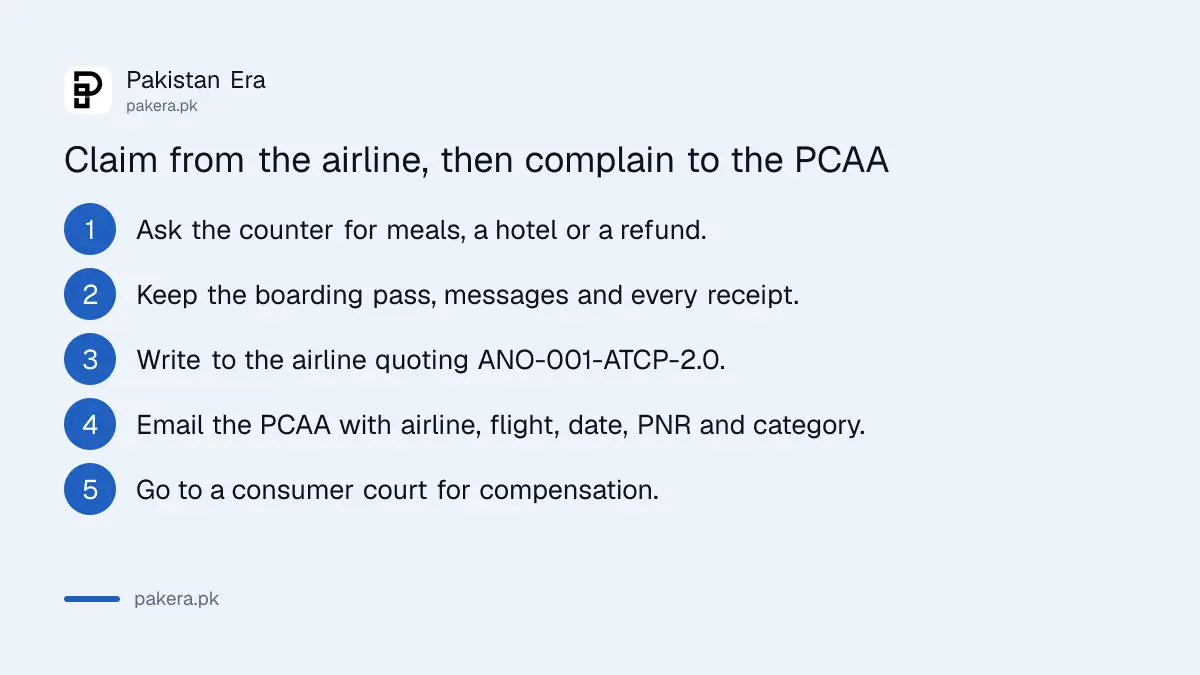 Steps to complain to an airline and then to the Pakistan Civil Aviation Authority about a delayed or cancelled flight