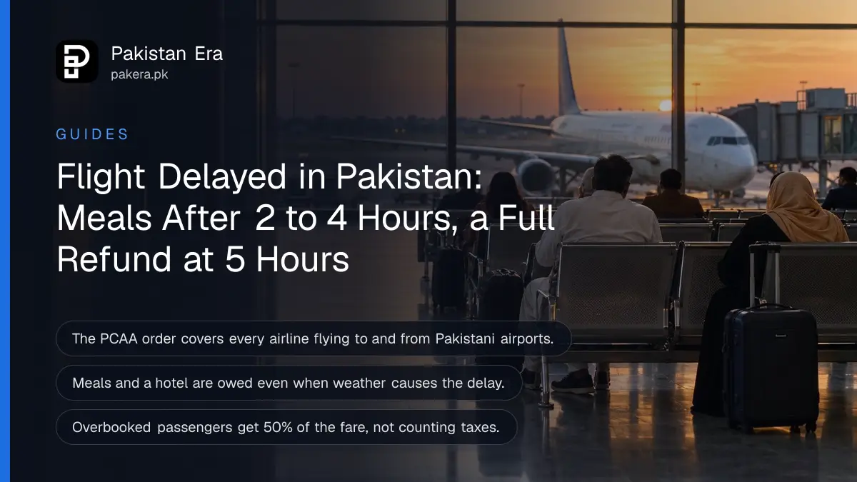 Passengers seen from behind waiting with their luggage trolleys in the departure hall of Allama Iqbal International Airport, Lahore, as evening light comes through the glass