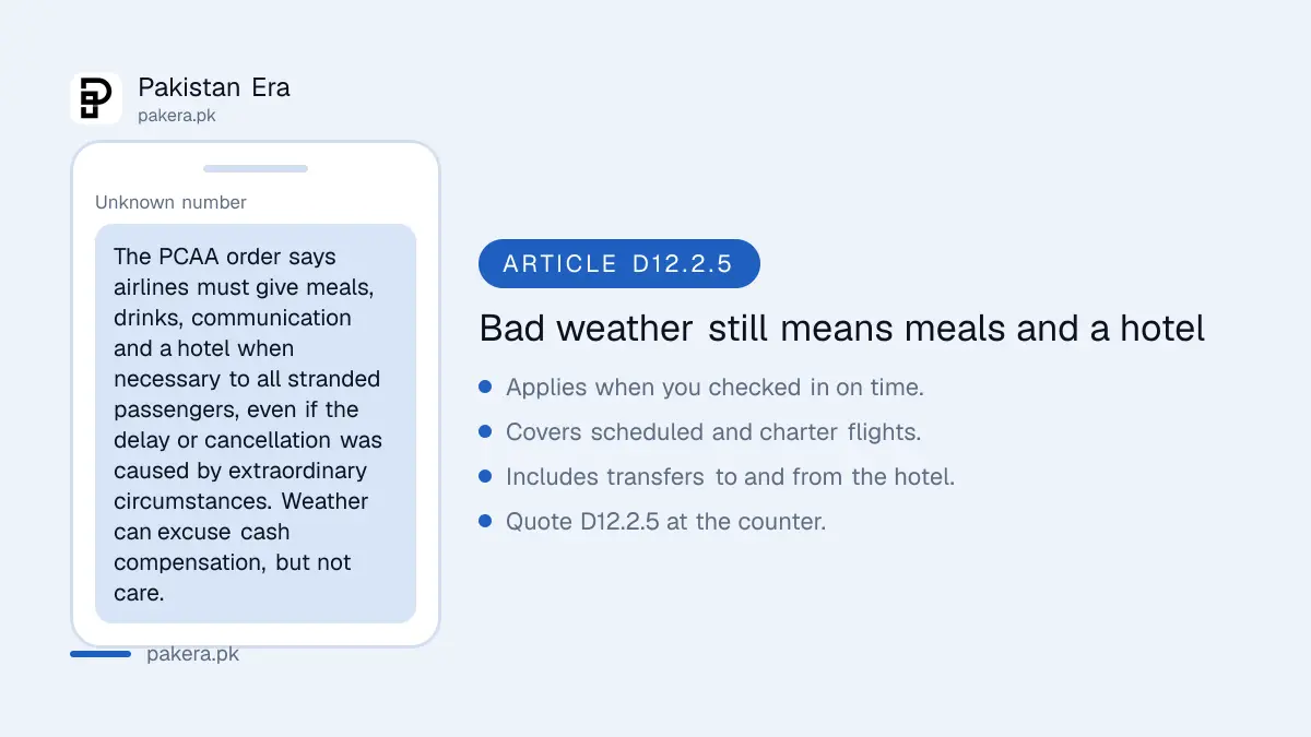 Alert explaining that airlines in Pakistan must give food and a hotel to stranded passengers even when weather causes the delay