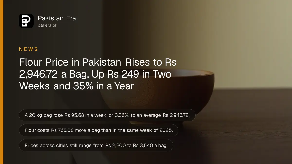 A plain wooden bowl on a dark wooden table, for the flour price in Pakistan on 15 October 2026