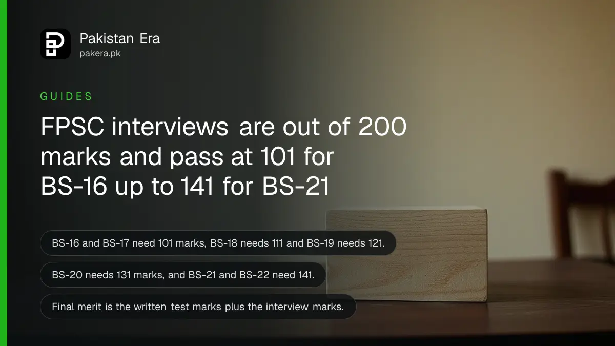 A plain wooden block on a dark wooden table, for a guide to FPSC interview passing marks in Pakistan