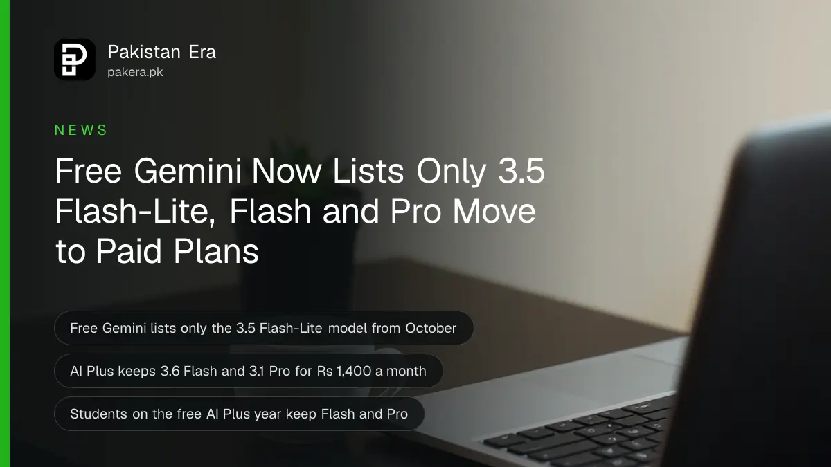 A closed silver laptop beside a cup of green tea and a small potted plant on a dark wooden table, for news that free Gemini now offers only the Flash-Lite model in Pakistan