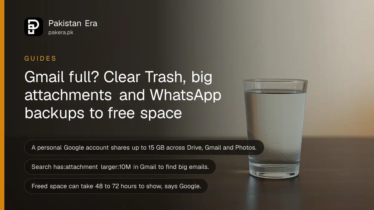 A glass of water on a dark wooden table, for a guide to freeing up Gmail and Google storage
