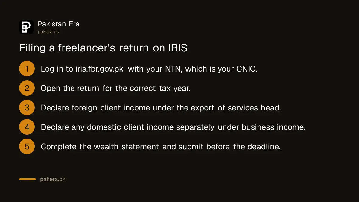 Steps for a freelancer filing both export income and domestic income on the FBR IRIS portal