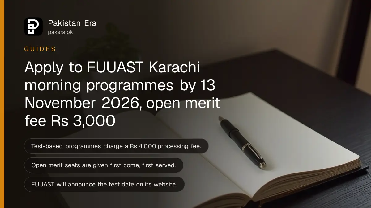 An open blank notebook, a fountain pen and a small potted plant on a wooden table, for a guide to FUUAST morning admission 2027 in Karachi