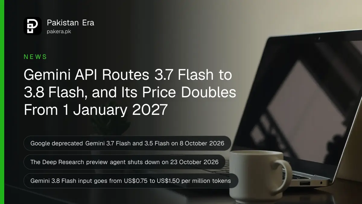 A closed laptop beside a potted succulent and a mug of tea on a dark wooden desk, for news on Google retiring Gemini 3.7 Flash in the Gemini API for Pakistani developers