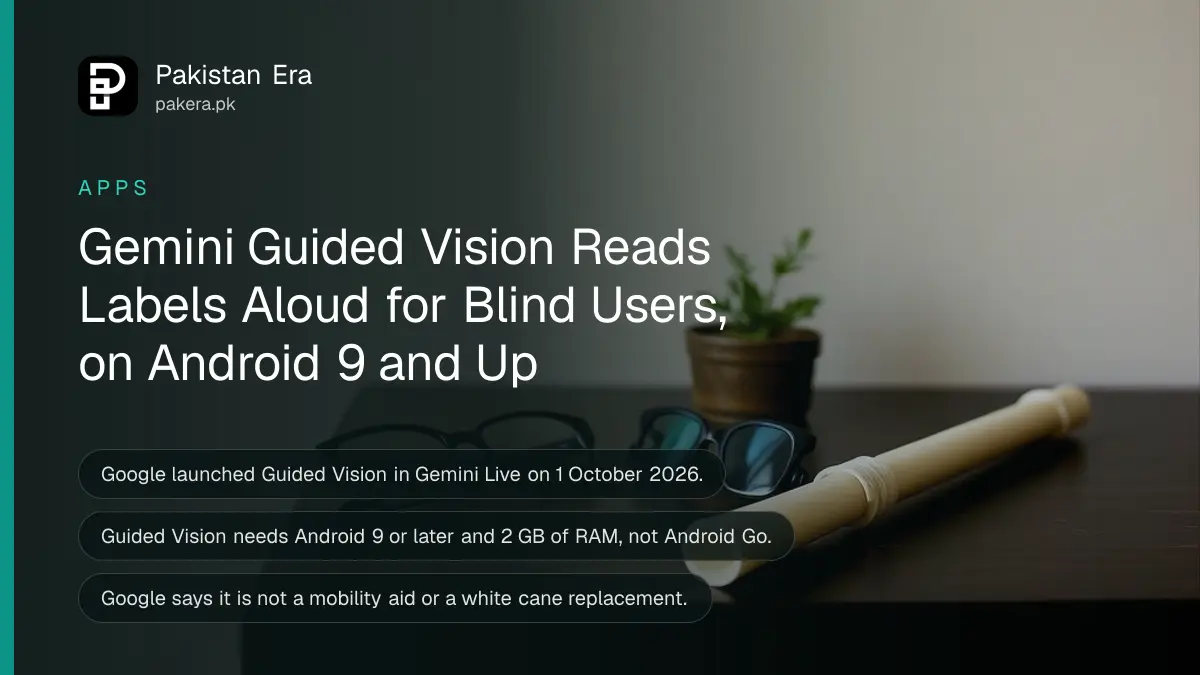 A folded white cane beside dark glasses and a plant on a table