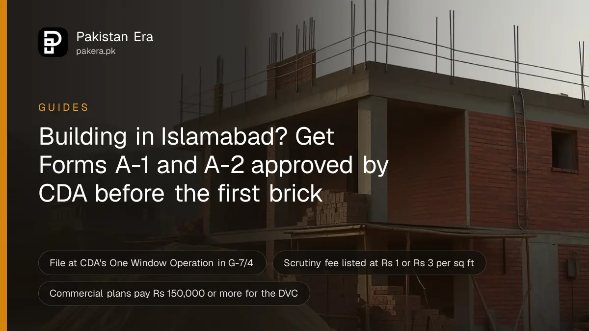 A house under construction with brick walls and steel bars on a plot in Islamabad, hills in the background