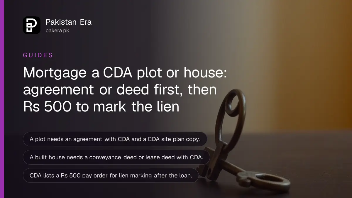 A heavy brass key on a dark wooden table, for a guide on CDA mortgage permission in Islamabad
