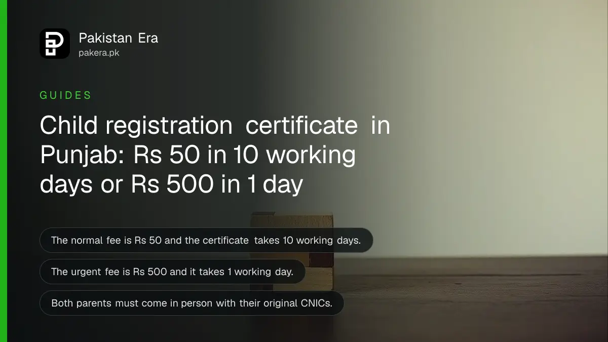 A small wooden building block on a dark wooden table, for a guide to the child registration certificate in Punjab