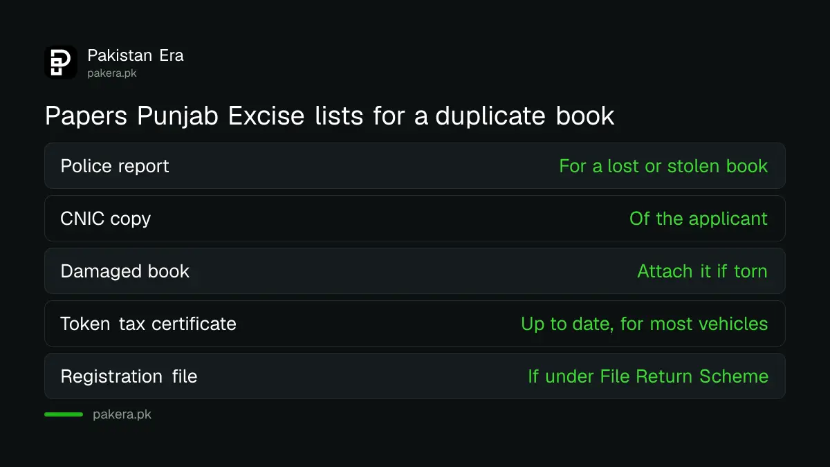 Papers the Punjab Excise department lists for a duplicate registration book