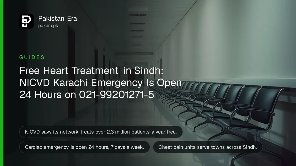 An empty hospital corridor in Karachi with bright lights and a row of waiting chairs