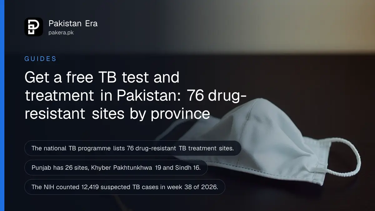 A plain white face mask and a small brass key on a wooden table, for a guide to free TB testing and treatment in Pakistan