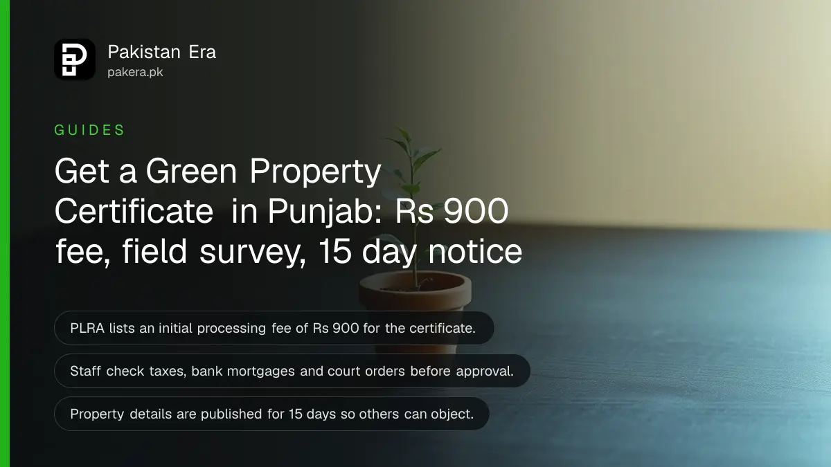A small green plant in a clay pot on a dark wooden table, for an article on green property certificate punjab