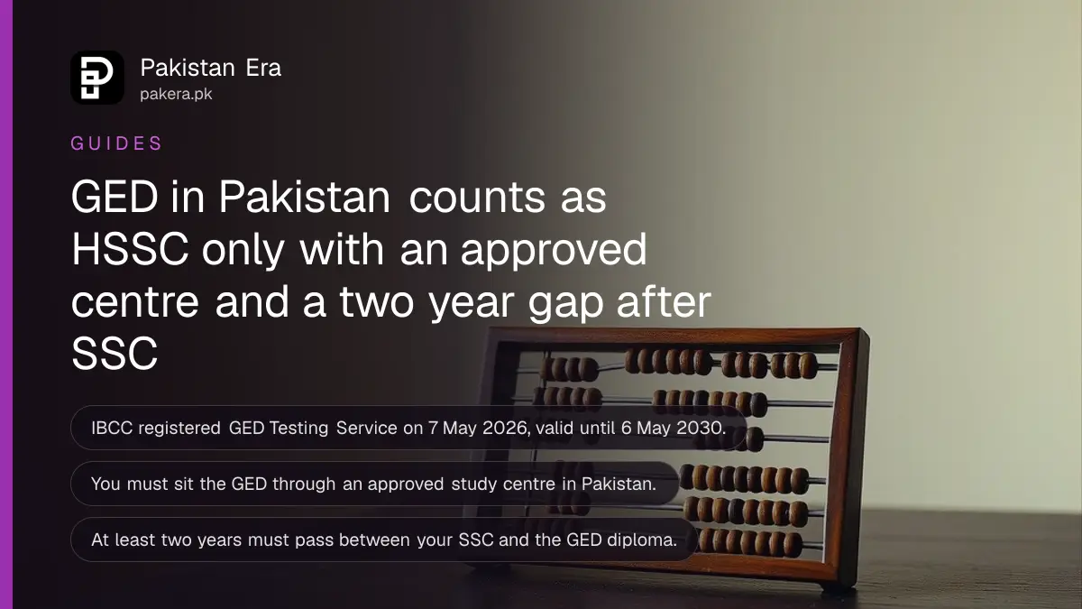 A wooden abacus on a dark wooden table, for a guide to IBCC equivalence of the GED in Pakistan