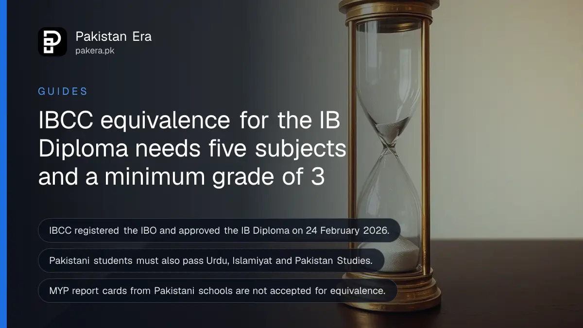 A brass hourglass on a dark wooden table, for a guide to IBCC equivalence of the IB Diploma in Pakistan