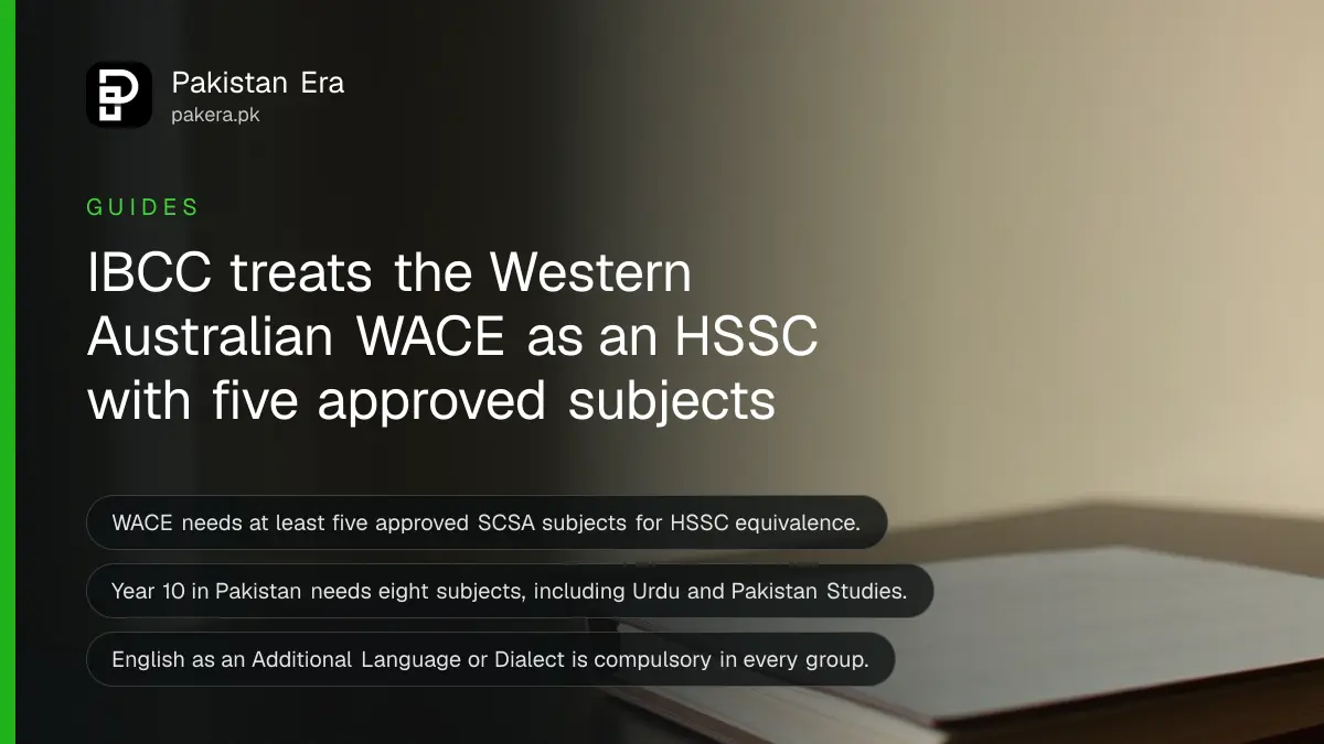 A closed notebook with a plain cover on a dark wooden table, for a guide to IBCC equivalence of the Western Australian WACE in Pakistan
