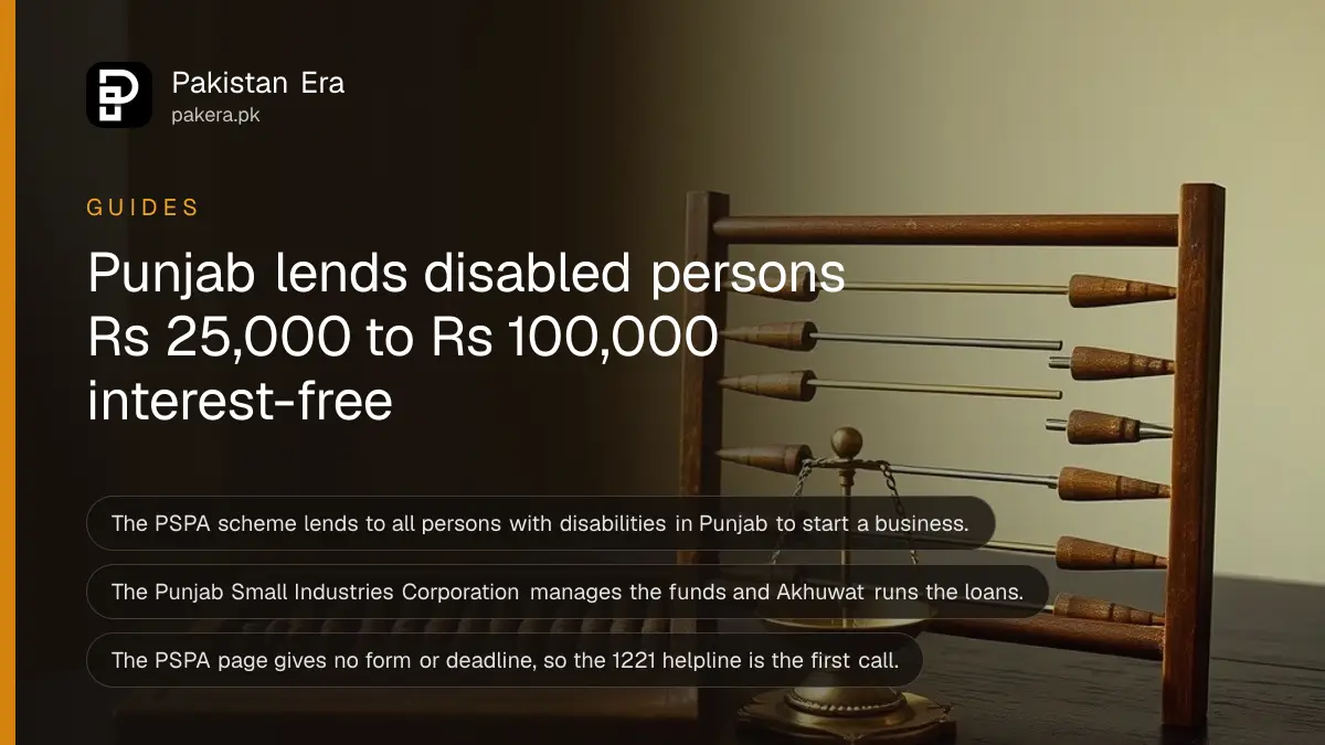 A wooden abacus and a brass balance scale on a dark wooden table, for a guide to interest-free loans for disabled persons in Punjab