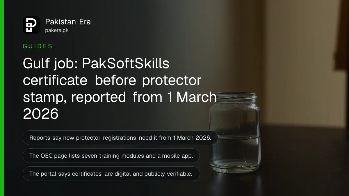 A small glass jar on a dark wooden table, for a guide to the PakSoftSkills certificate for Gulf jobs