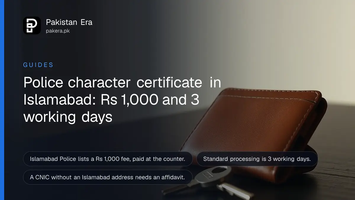A leather travel wallet and a brass key on a dark wooden table, for a guide to the Islamabad police character certificate
