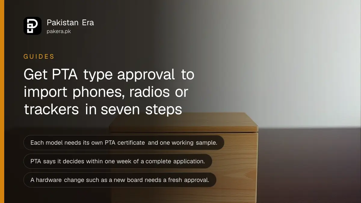 A closed wooden box on a dark wooden table, for a guide on PTA type approval for imported devices in Pakistan