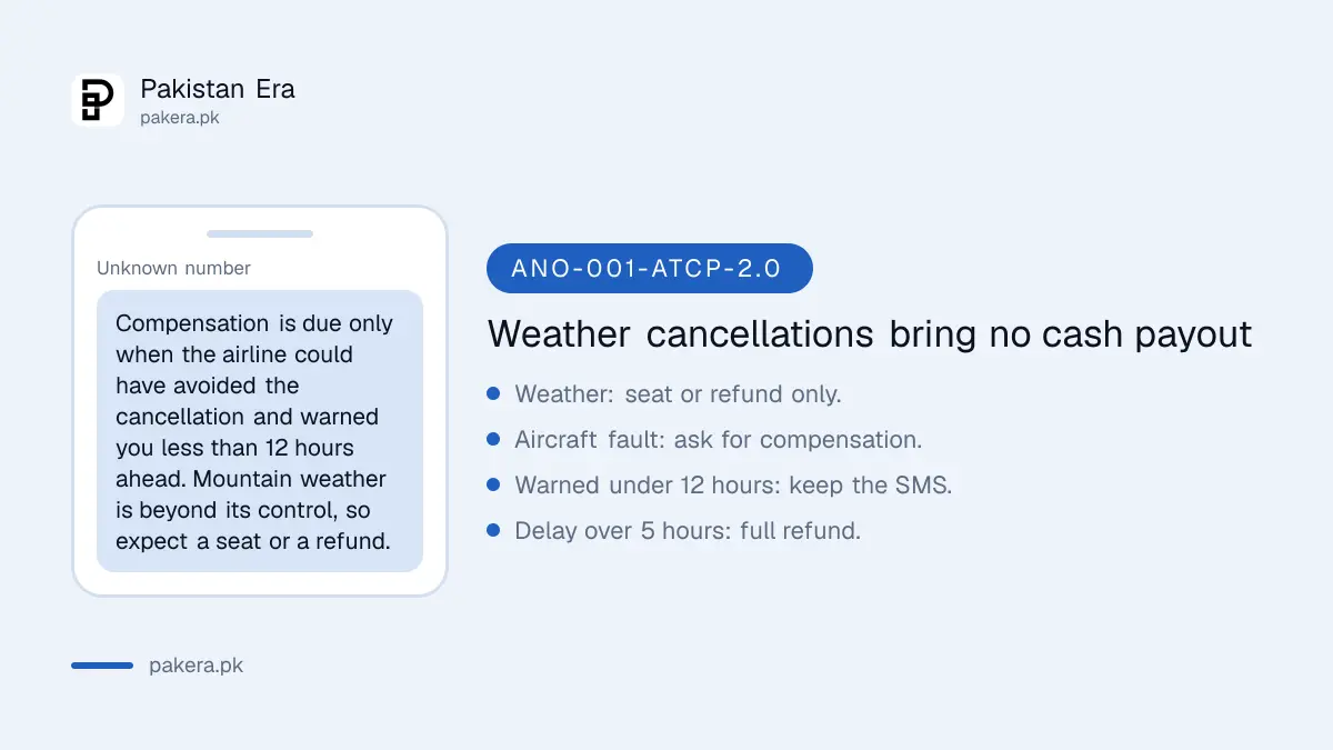Weather cancellations on northern flights bring a seat or refund but usually no cash compensation